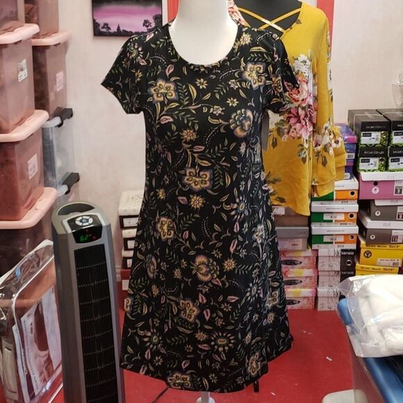 Black Floral Retro Print Mini Dress sz M 8-10 L 10-12 XL 12-14 - Picture 3 of 10